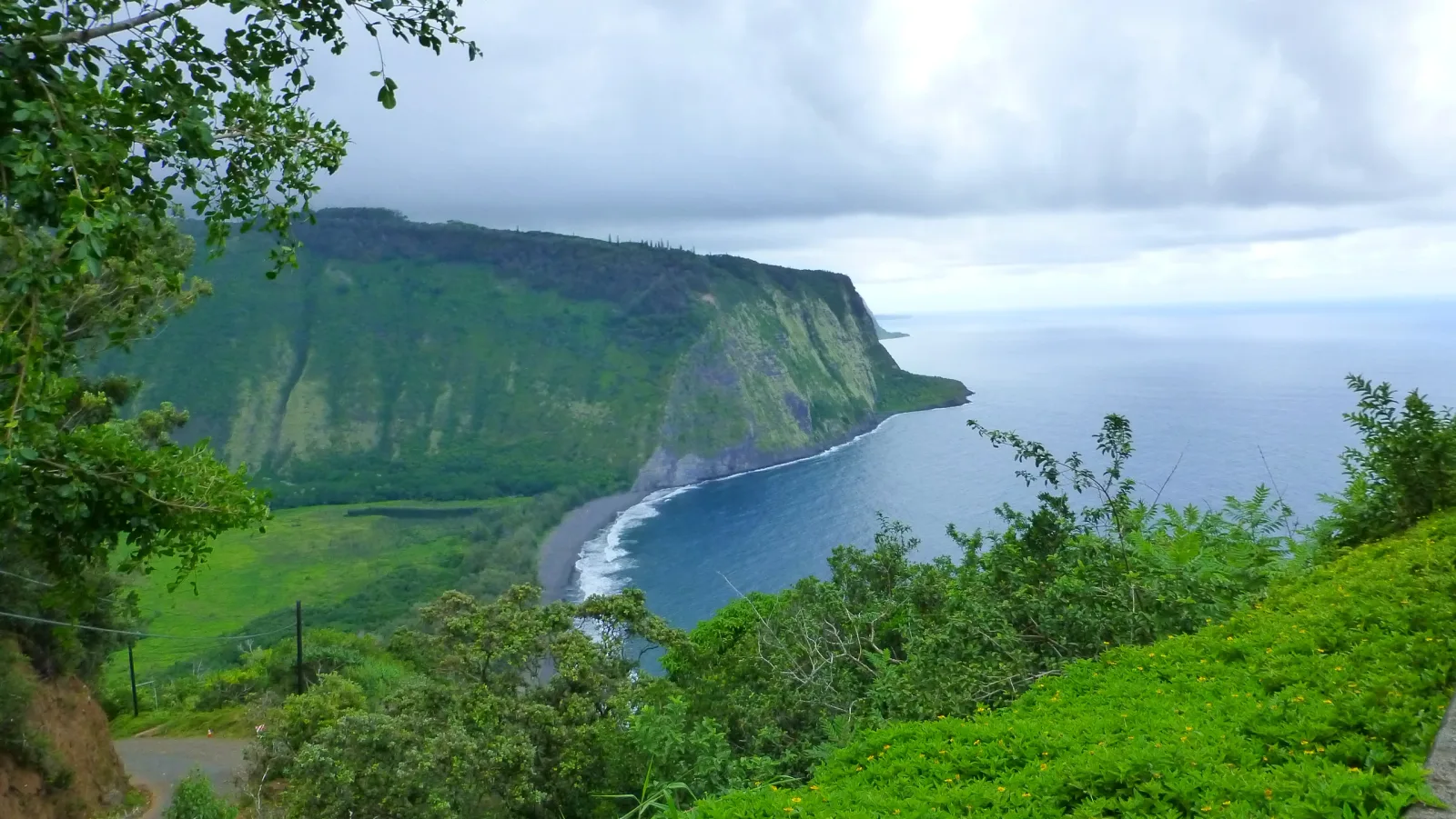 Waipio Valley Lookout Big Island Hawaii – grüne Steilklippen treffen auf schwarzen Sandstrand und blauen Ozean